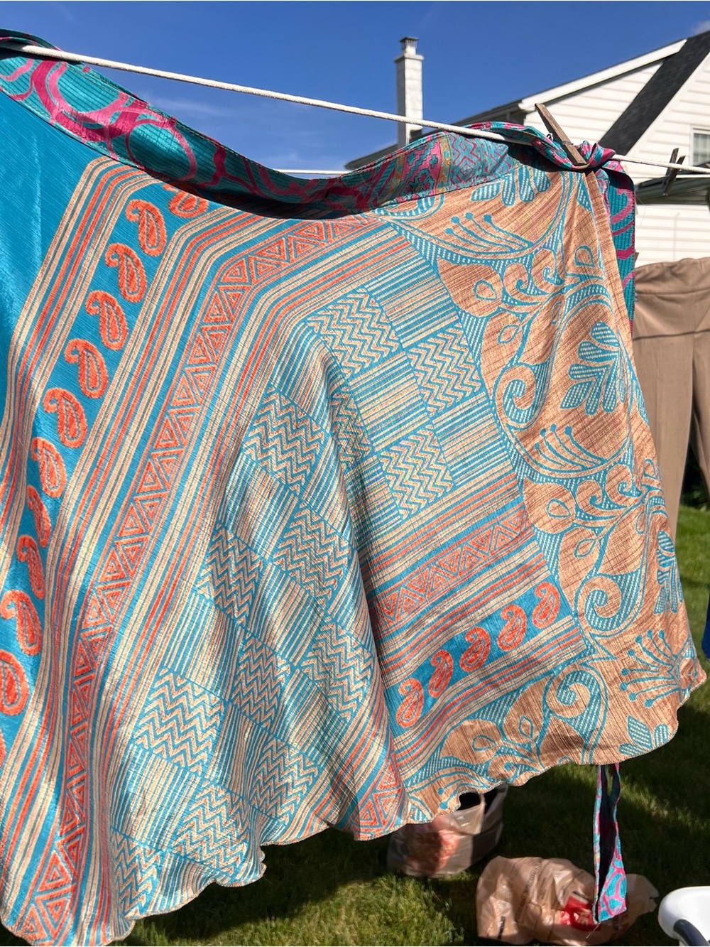 Silk, Reversible Teal, Coral & Beige Printed Midi Skirt. Adjustable Waist